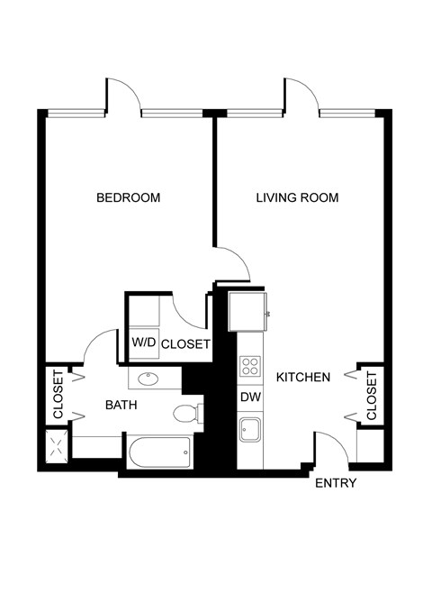 Floor plan for 1 bed, 1 bath, 660 sqft